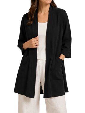 EILEEN FISHER Crepe Silk Georgette Open Front Blazer Jacket Patch Pocket Black P